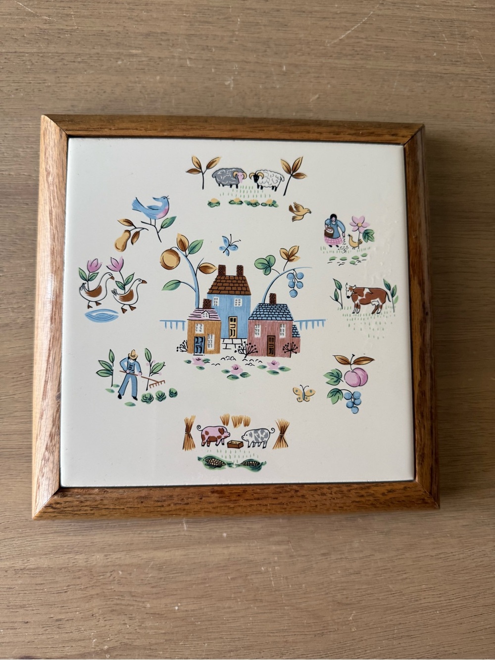 Vintage Heartland International Japan Wood Frame Ceramic Tile Trivet Farm Animal